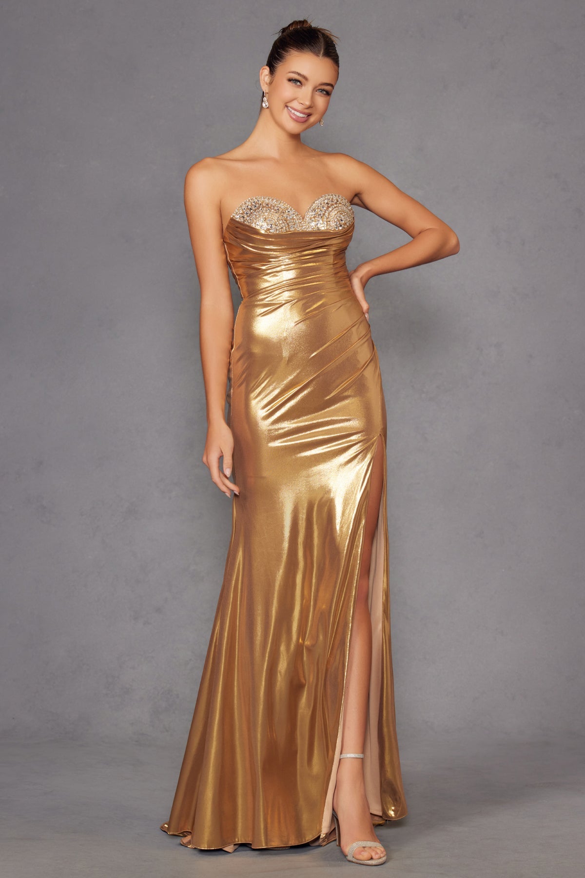 Beaded Metallic Strapless Slit Gown