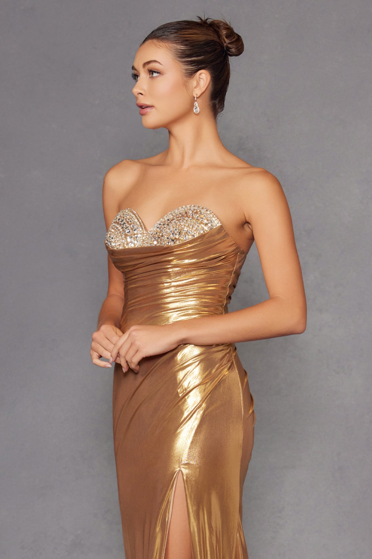 Beaded Metallic Strapless Slit Gown